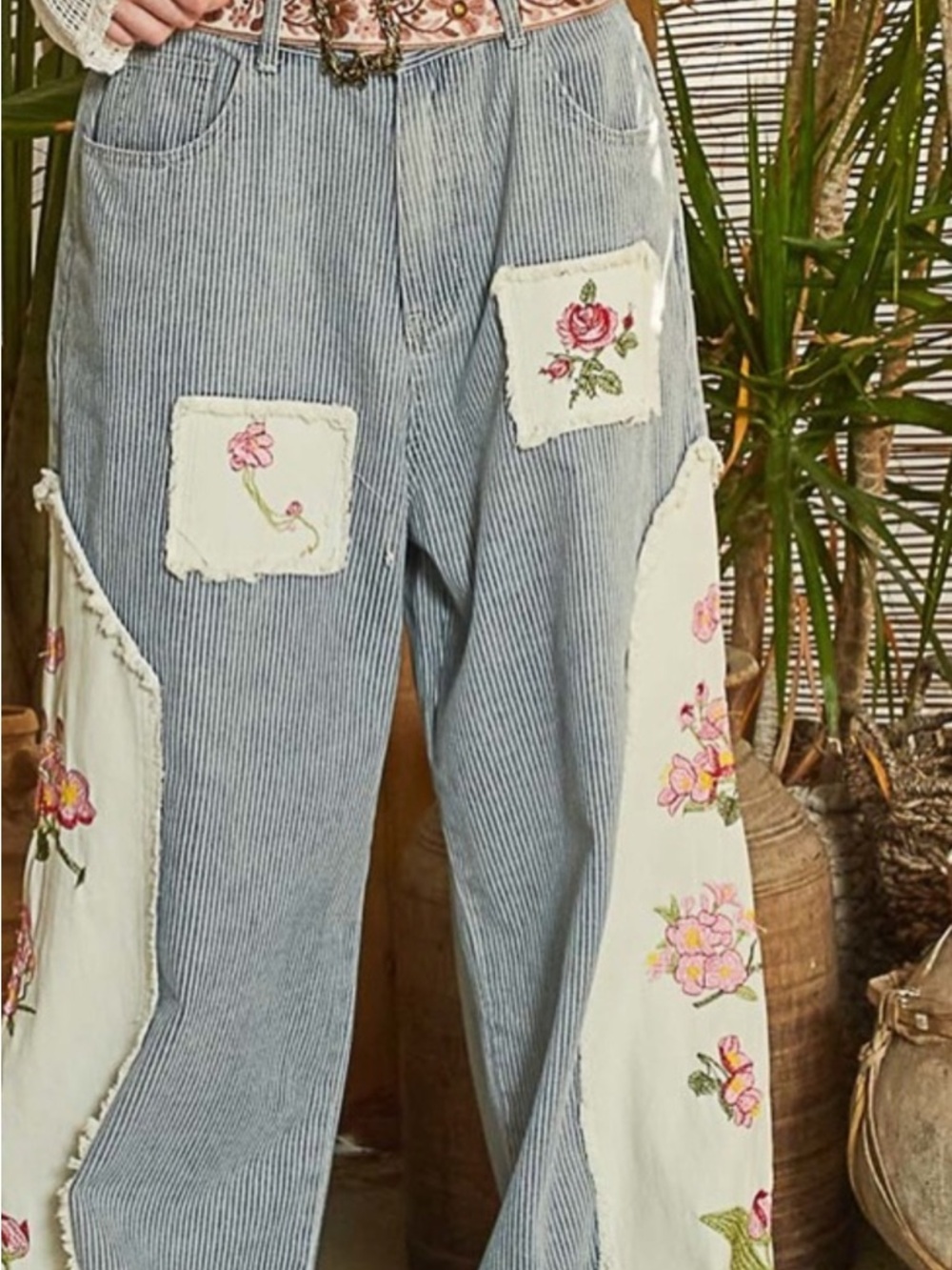 191-0691 New POL Striped Wide-Leg Jeans with Floral Patchwork - Blue & Cream - Picture 3 of 4
